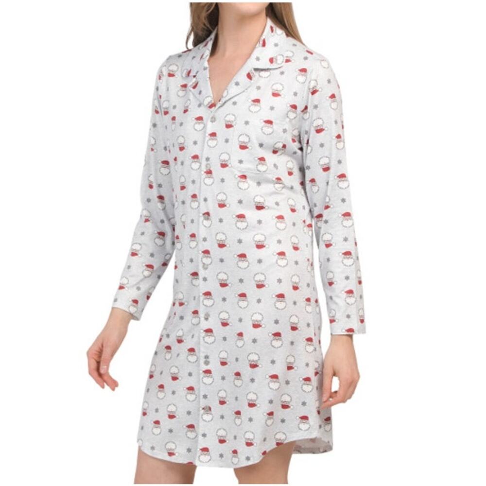 INK + IVY NWT Santa Faces Button Down Shirttail Hem Nightshirt Pajamas Gray L